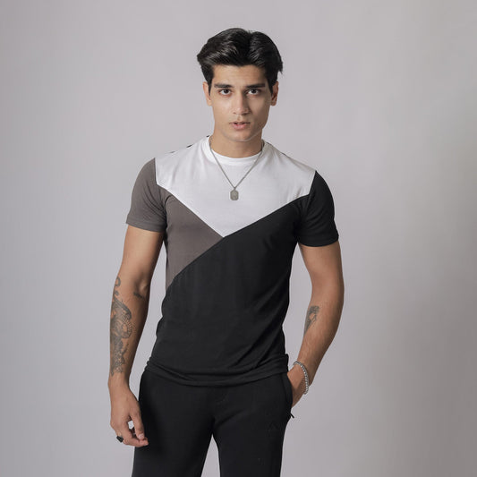 Grey Black Color Panel T-Shirt